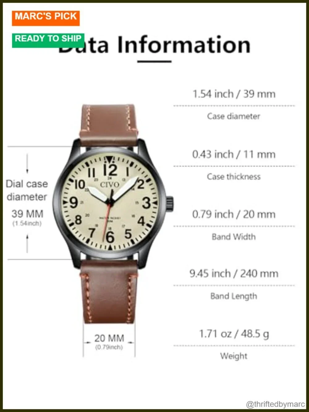 Men's Military Analog Quartz Wrist Watch Waterproof Leather Strap Luminous